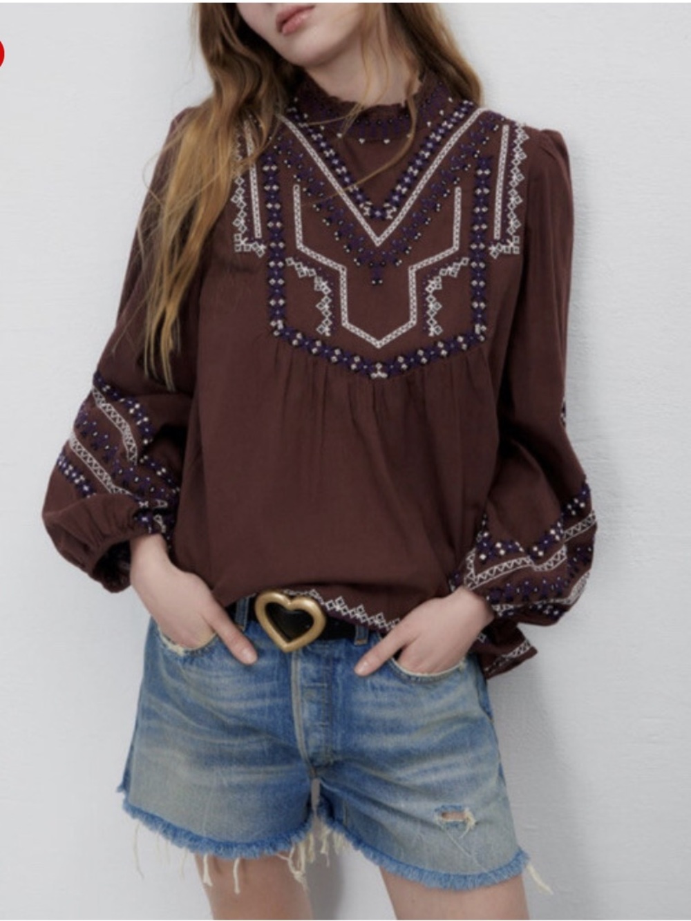 Zara Embroidered Beaded Cotton Blouse L